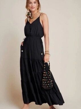 Anthropologie Dolan Left Coast Tiered Black Side Tie Maxi Dress Sz Small